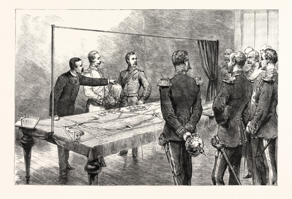 THE EMPEROR OF GERMANY INSPECTING THE NEW ENGLISH WAR GAME, INVENTED BY DR. GRIFFITH, AT THE