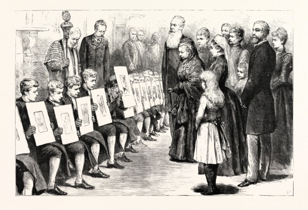 THE QUEEN AND THE BLUECOAT BOYS: HER MAJESTY INSPECTING THE CHRIST'S HOSPITAL BOYS' DRAWINGS IN THE
