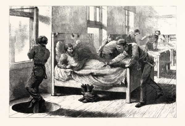 THE RECENT FIRE IN CHICAGO, A SCENE IN THE FIREMEN'S BEDROOM: The Firemen Sleep above the Engine