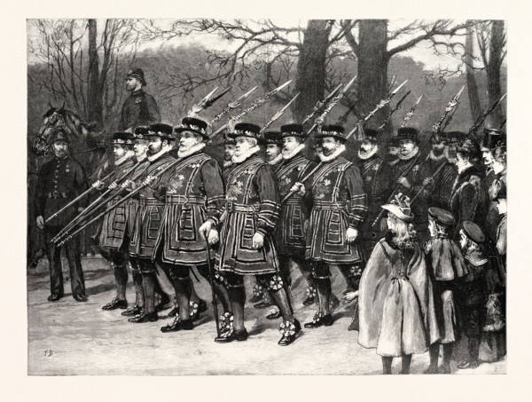 ON THE WAY TO HER MAJESTY'S DRAWING ROOM: THE YEOMEN OF THE GUARD MARCHING DOWN THE MALL, UK