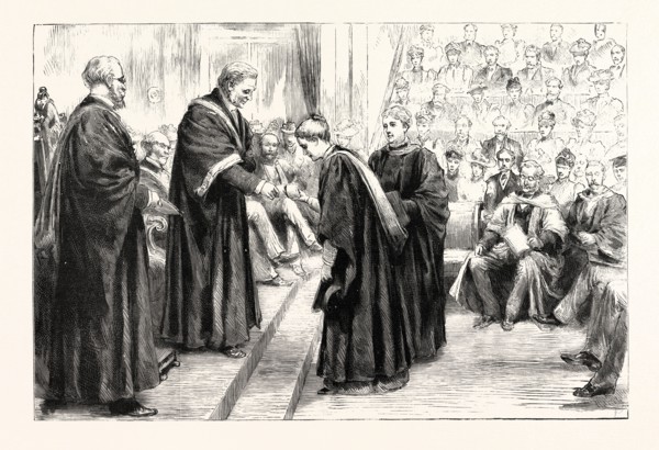 SWEET GIRL GRADUATES: THE VICE-CHANCELLOR (SIR JAMES PAGET) CONFERRING DEGREES AT LONDON