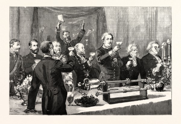 THE QUEEN'S VISIT TO DERBY: DRINKING HER MAJESTY'S HEALTH AT THE BANQUET GIVEN BY THE MAYOR (SIR