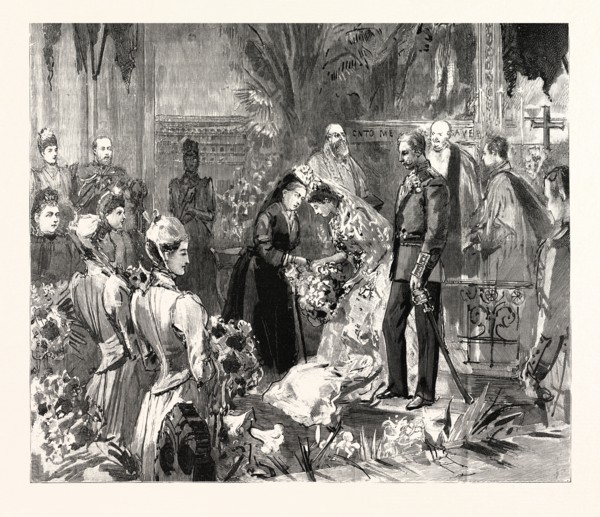 THE MARRIAGE OF MISS PONSONBY AT THE GUARDS' CHAPEL, WELLINGTON BARRACKS: HER MAJESTY