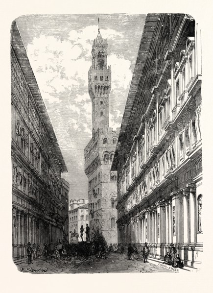 THE UFFIZI, THE PALAZZO VECCHIO, AND STATUARY IN THE PIAZZA.