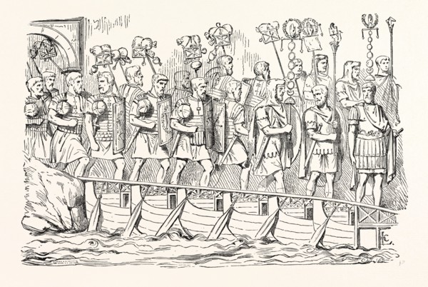 ROMAN SOLDIERS PASSING OVER A BRIDGE OF BOATS. (From the Antonine Column.)