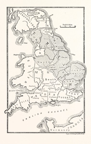 MAP OF ENGLAND SHOWING THE ANGLO-SAXON KINGDOMS AND DANISH DISTRICTS