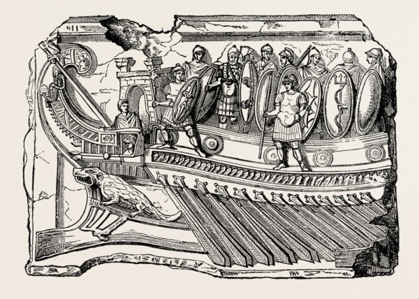 SCULPTURE SHOWING ROMAN WAR GALLEY.