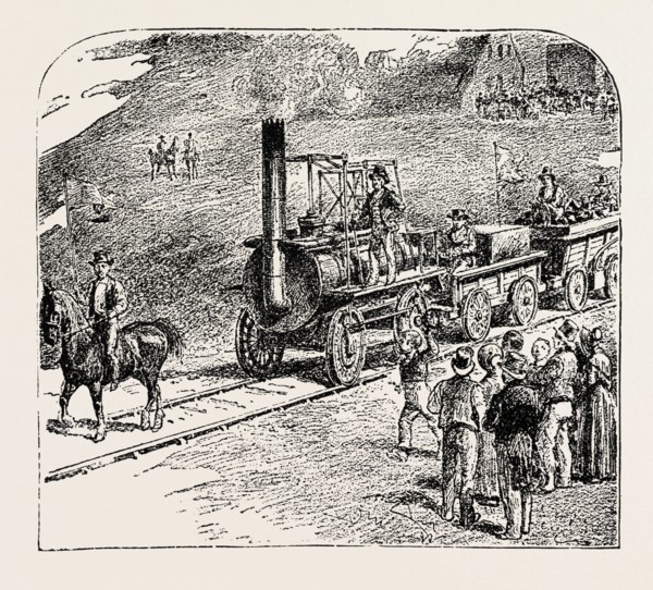 THE FIRST TRAIN ON THE STOCKTON AND DARLINGTON RAILWAY.