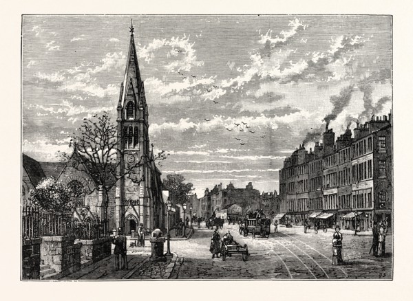 EDINBURGH: PILRIG FREE CHURCH AND LEITH WALK, LOOKING NORTH.