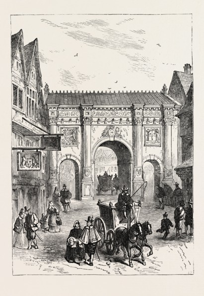 THE OLD WOODEN TEMPLE BAR, As Erected in the Reign of James I., LONDON