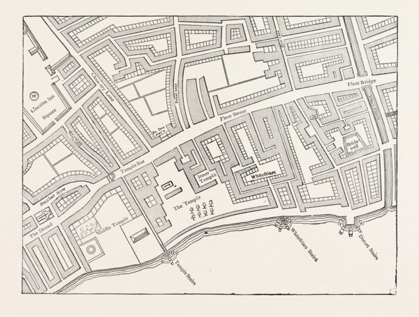 FLEET STREET, THE TEMPLE, LONDON, FROM A MAP OF LONDON, PUBLISHED 1720.