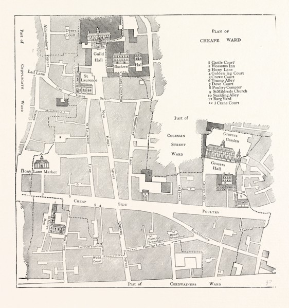 OLD MAP OF THE WARD OF CHEAP, ABOUT 1750, LONDON