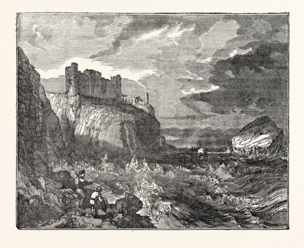 View of Tantallon Castle, with the Bass Rock in the distance