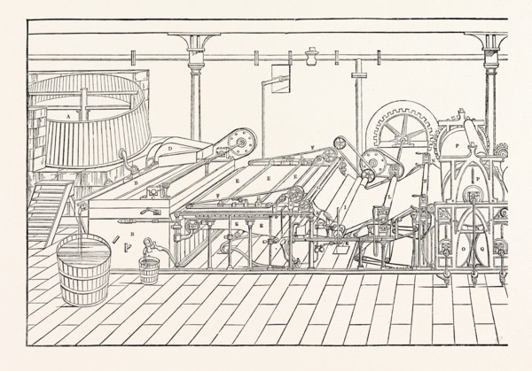 MACHINE: A. Chest; B. Vat, 4 feet by 5; C. Sifter; D. Lifter; E. Endless wire, 5 feet wide; F.