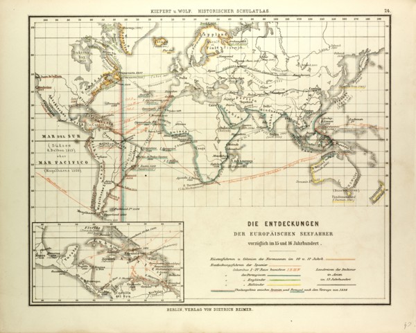 MAP OF THE DISCOVERIES OF EUROPEAN SEAFARERS IN THE 15TH AND 16TH CENTURIES