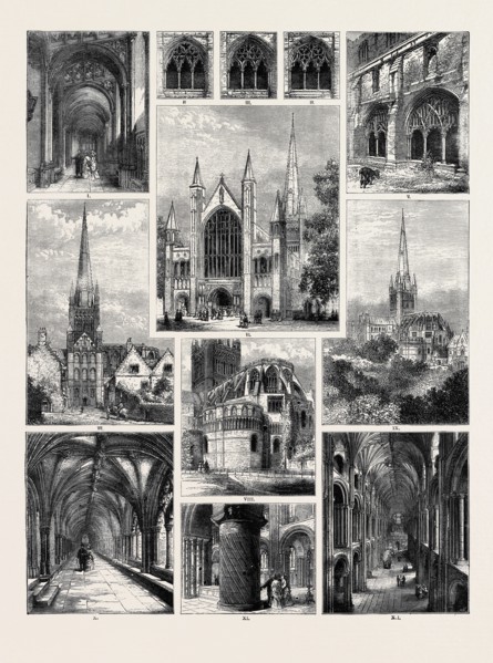 NORWICH CATHEDRAL: I. INTERIOR OF NORTH AISLE; II., III., IV. CLOISTER WINDOWS; V. CLOISTERS