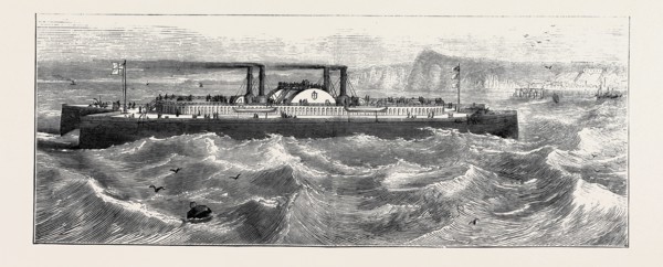 CAPTAIN DICEY'S STEAMER: A ship cut in halves from stem to stern, the two halves united by girders,