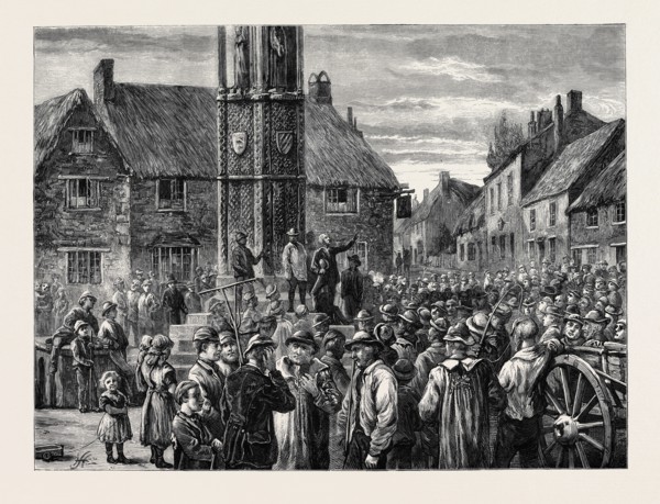 SKETCHES IN THE AGRICULTURAL DISTRICTS: LABOURERS MEETING AT THE ELEANOR CROSS, GEDDINGTON,