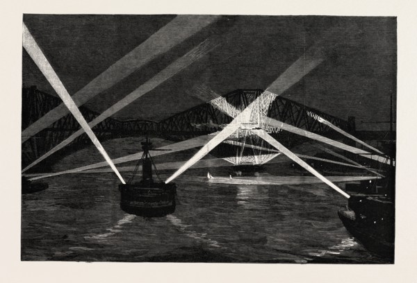 THE NAVAL MANOEUVRES, WITH THE NORTHERN FLEET: THE SHIPS SEARCHING THE FORTH BRIDGE WITH THE