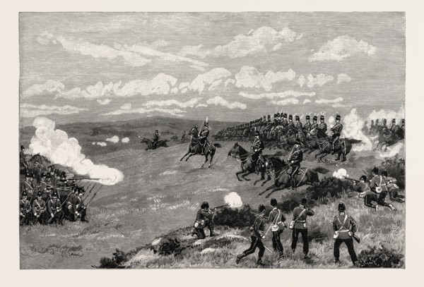MILITARY MANOEUVRES AT ALDERSHOT: A SHAM FIGHT: "SQUARES AGAINST CAVALRY": A REPETITION OF WATERLOO