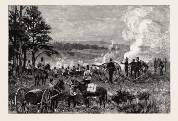 MILITARY MANOEUVRES AT ALDERSHOT: A SHAM FIGHT: A FIELD BATTERY AT WORK: A SAFE POSITION