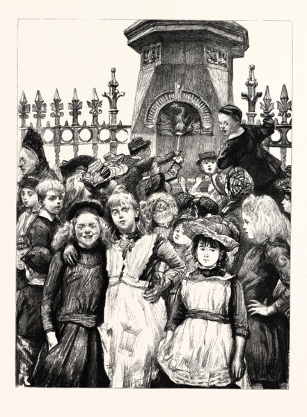 FREE EDUCATION, CHILDREN DRINKING AT A FOUNTAIN OUT OF SCHOOL HOURS