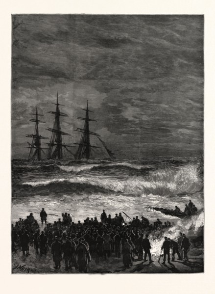 THE WRECK OF THE THREE-MASTED SHIP "BENVENUE" AT SANDGATE: When night came on a bonfire was lighted