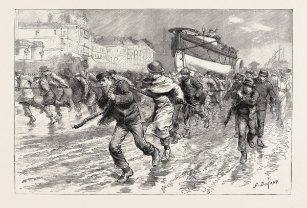 THE GALES ON THE SOUTH COAST, DRAGGING THE LIFEBOAT FROM BRIGHTON TO PORTSLADE: The lifeboat had