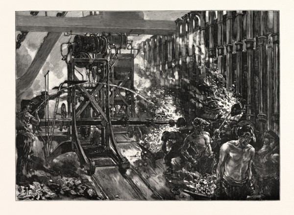THE LONDON GAS SUPPLY: INTERIOR OF THE RETORT HOUSE, SHOWING THE DRAWING AND CHARGING MACHINES