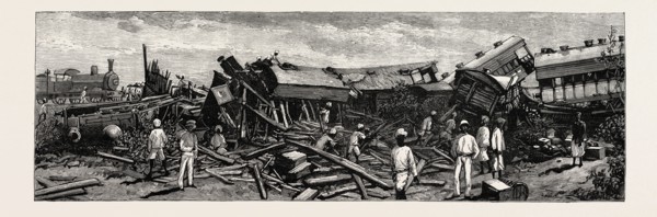 THE ACCIDENT NEAR NAGPUR ON THE GREAT INDIAN PENINSULA RAILWAY: The wreck of the leading engine is