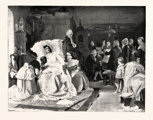 MOZART LISTENING TO HIS FRIENDS, WHO, SUMMONED BY HIS WIFE, ARE SINGING THE BEAUTIFUL HYMN "THE