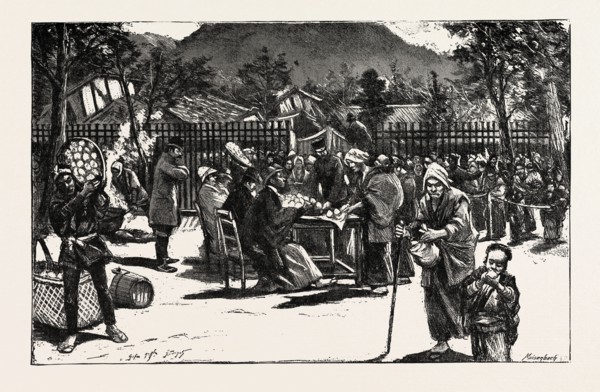THE GREAT EARTHQUAKE IN JAPAN, VIEWS AT THE SCENES OF THE DISASTER: DISTRIBUTING PROVISIONS TO THE