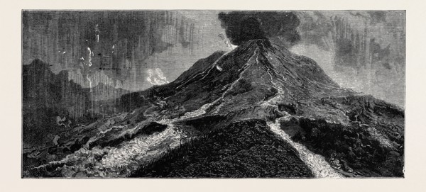 THE ERUPTION OF MOUNT VESUVIUS: SKETCH FROM THE TOP OF THE OBSERVATORY, SHOWING CRATER AND THE TWO