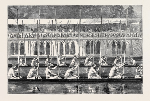 OXFORD: PROCESSION NIGHT, THE BOATS SALUTING THE "HEAD OF THE RIVER" IN FRONT OF THE 'VARSITY BARGE