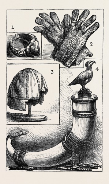 OXFORD: ANCIENT RELICS: 1. and 2. Ring and Gloves of William of Wykeham, at New College; 3. Skull