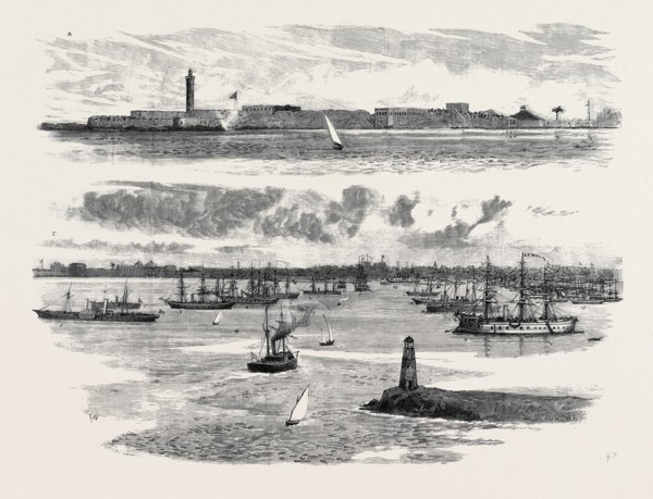 THE CRISIS IN EGYPT, (A) THE FORTIFICATIONS OF ALEXANDRIA HARBOUR, (B) THE ALLIED SQUADRON IN