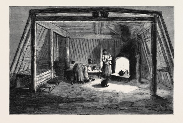THE SURVIVORS OF THE "JEANNETTE" IN SIBERIA: INTERIOR OF A SIBERIAN CONVICT HUT