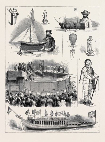 THE NAVAL AND SUBMARINE ENGINEERING EXHIBITION AT ISLINGTON: 1. Sounding the Fog-Horn; 2. Model of