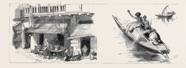 ROUND THE WORLD YACHTING IN THE "CEYLON," CALCUTTA: A STREET WITH BOOTHS IN CALCUTTA (LEFT); A