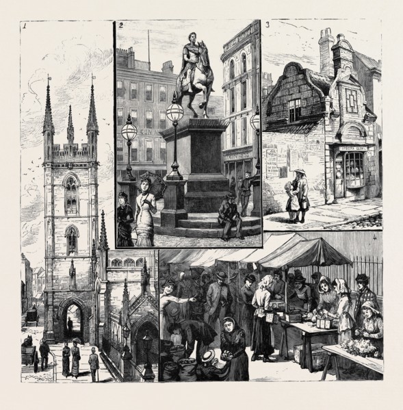 HULL: 1. St. Mary's Church; 2. Statue of King William the Third in the Market Place; 3. Old House,