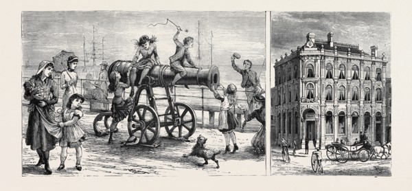 HULL: RUSSIAN GUN ON THE PIER (LEFT), OFFICES OF THE HULL BANKING COMPANY (RIGHT)