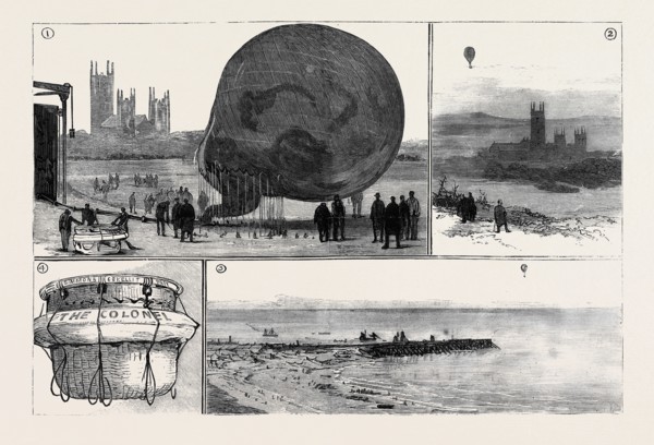 THE ATTEMPTED BALLOON VOYAGE ACROSS THE CHANNEL: 1. Inflating the Balloon; 2. The Start from