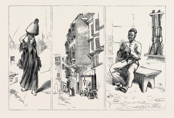 ROUND THE WORLD YACHTING IN THE "CEYLON", CAIRO, EGYPT: A WATER-CARRIER (LEFT); A STREET (CENTRE);
