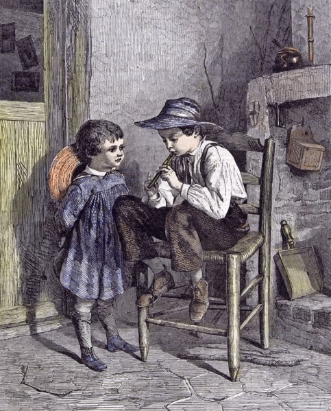 The Lesson on the flageolet; children; 1860, Playing wooden flute; wooden chair; stick; candle;