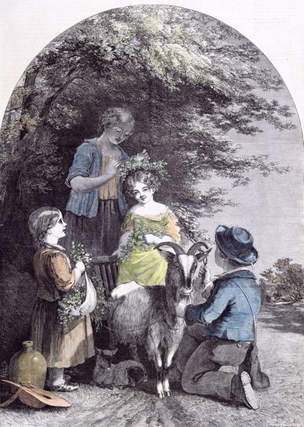 May; G.W. Willis; Children; Goat; Pastoral, spring, May; pittoresque, nostalgic; rustic; wreath;