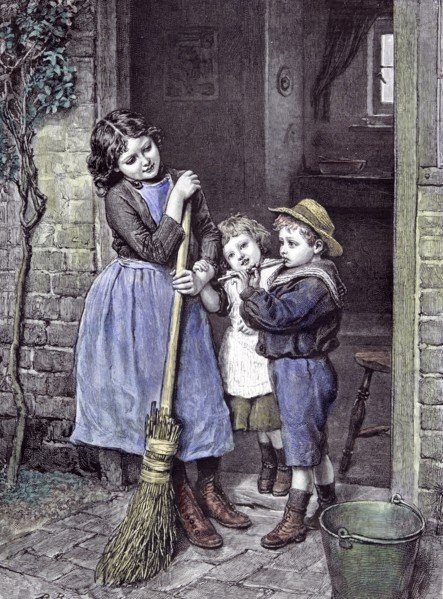 Children and the Saturday's purchase, 1891, straw hat; broom stick; headpiece; chapeau; stetson;