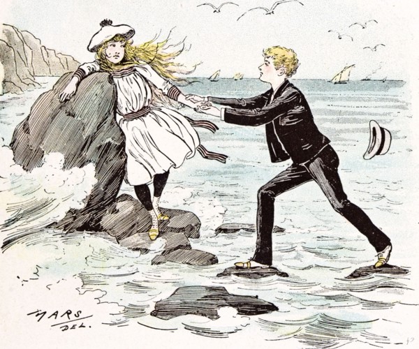 A Maiden in distress in Hastings Britain, 1892, Girls, sea side; rescue; holiday; boy; hats;