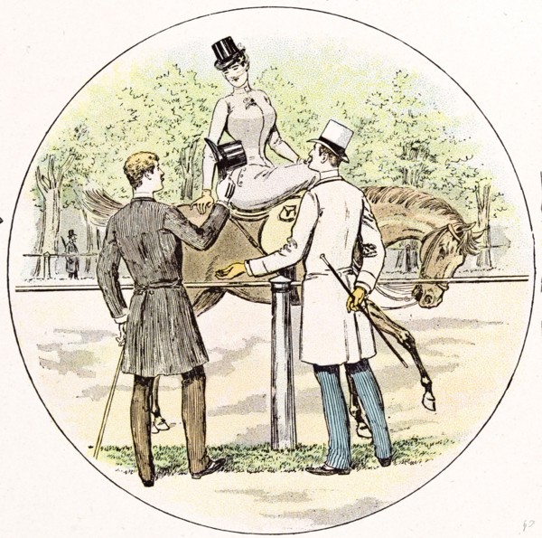 Lady on her horse in 1892, Britain, by Mars, horse riding; gentlemen; costume; fashion; hat; stick;