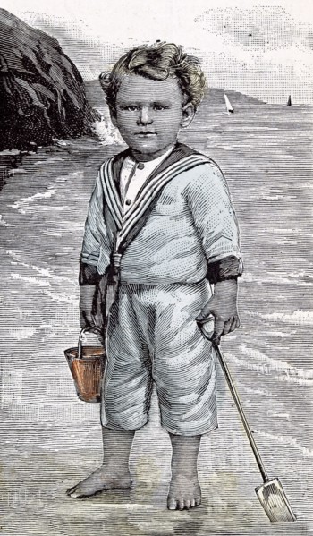 Hazeldean, Kingston, Jamaica, 1891. Boy at the seaside, summertime; beach; spade and bucket; play;
