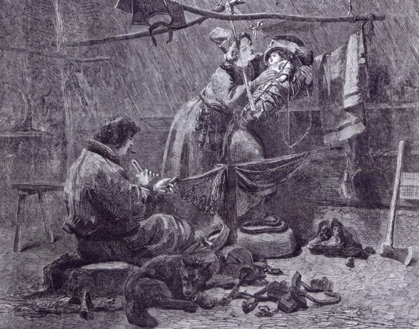 Fisherman's hut with family in Lapland by J.F. Hockert, 1862, swedish painter; sweden; scandinavia;